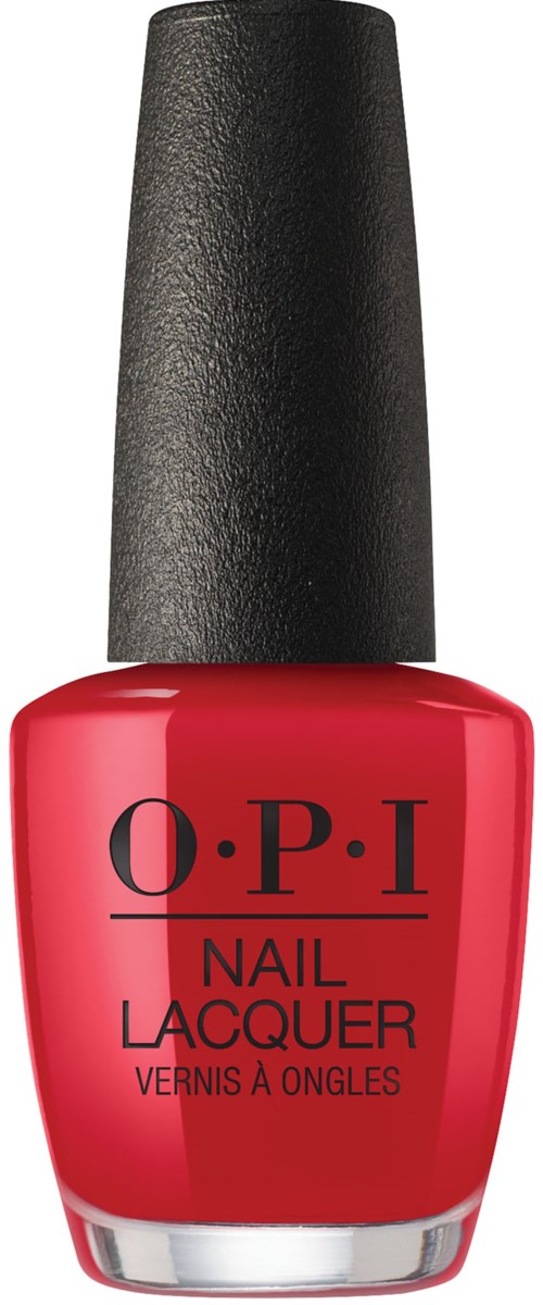 Röd nagellackflaska med svart top, märkt O.P.I, som nagellack.