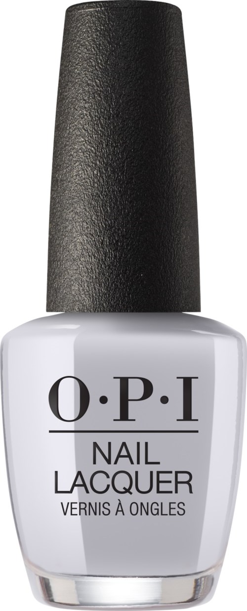 En hvit neglelakkflaske med svart kork, merket O.P.I Nail Lacquer.