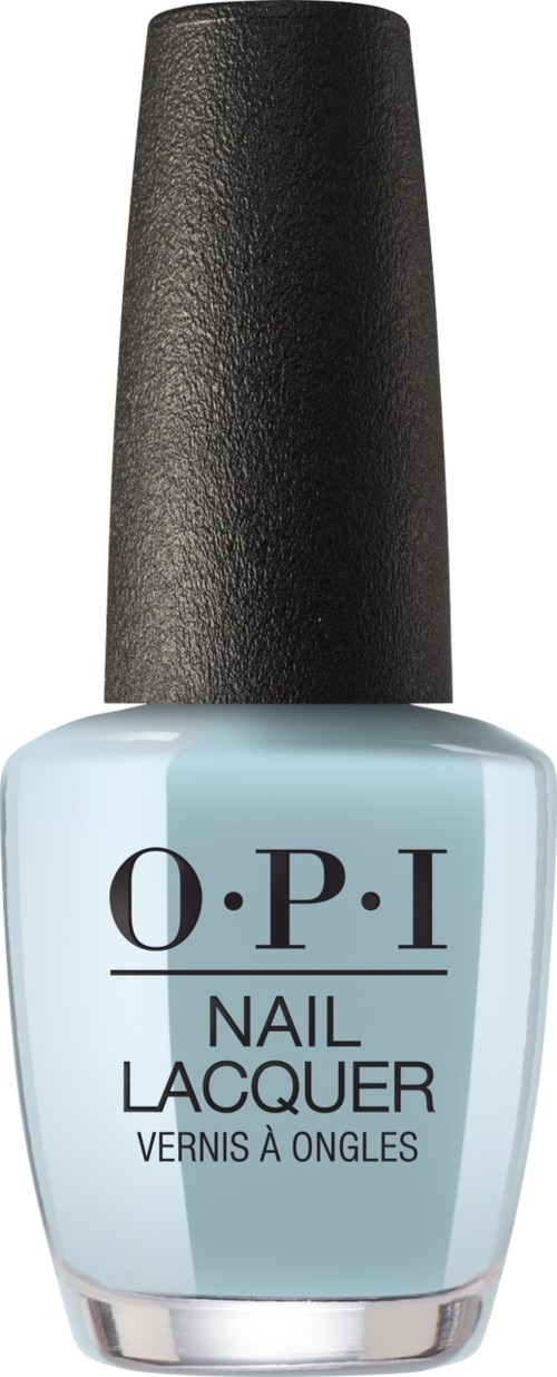 En ljusblå nagellacksflaska med svart lock, märkt "O.P.I Nail Lacquer."