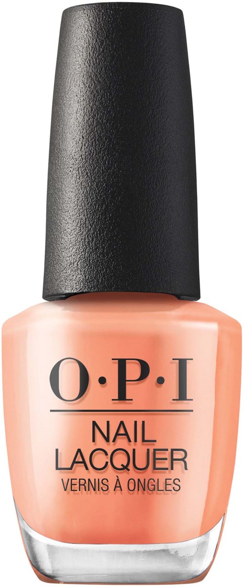 A bottle of peach-colored nail polish with black cap, labeled O.P.I Nail Lacquer.