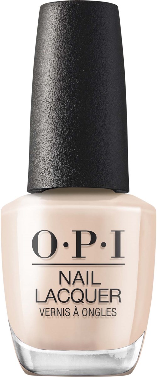 En flaska nagellack från O.P.I med svart lock och beige nagellack.