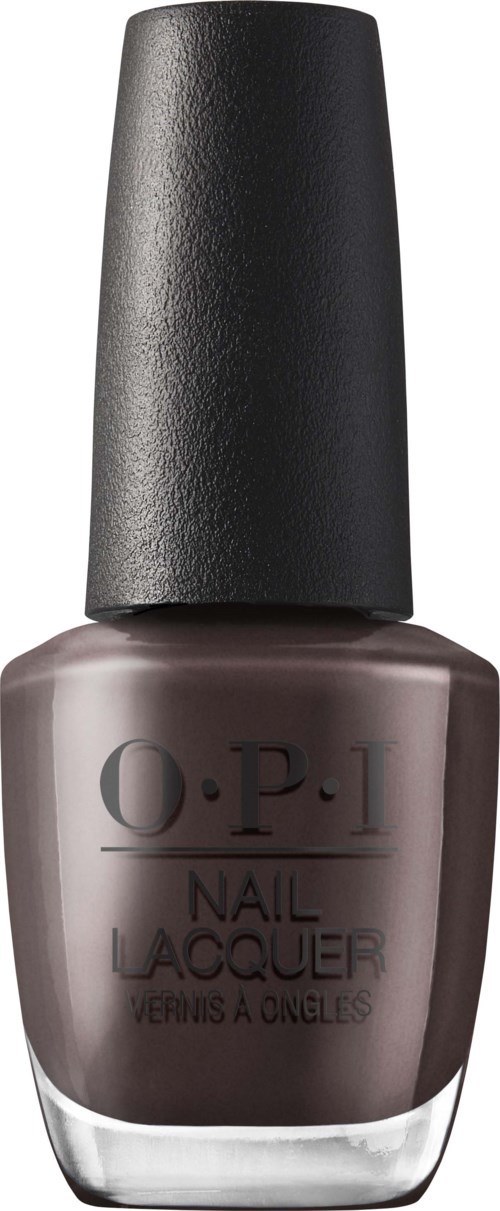 A grayish-brown nail polish bottle with black cap from OPI brand. Simple and elegant design. The bottle is tall and narrow.