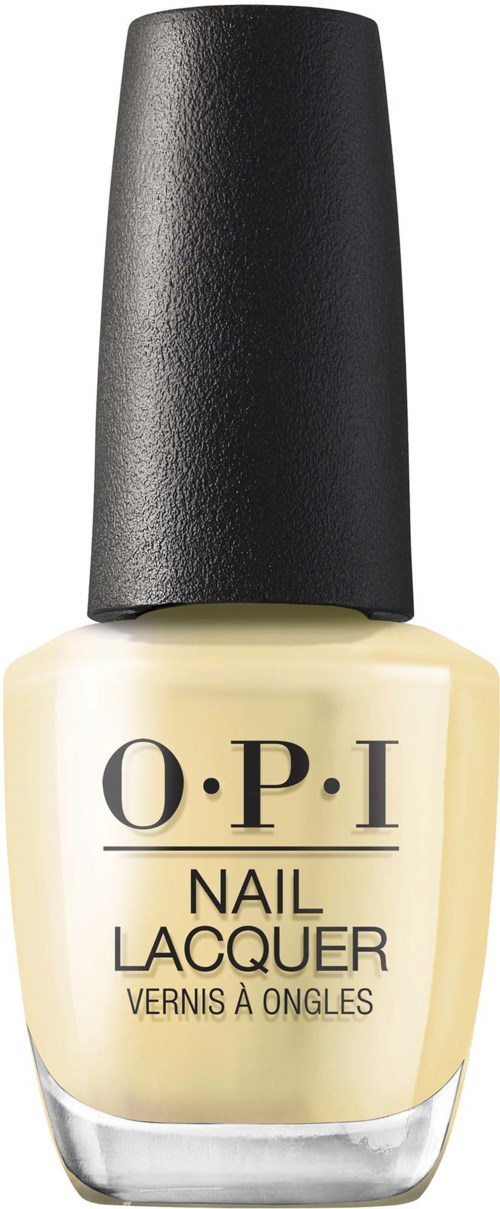 A bottle of O.P.I nail lacquer with a black cap and light-colored nail polish.