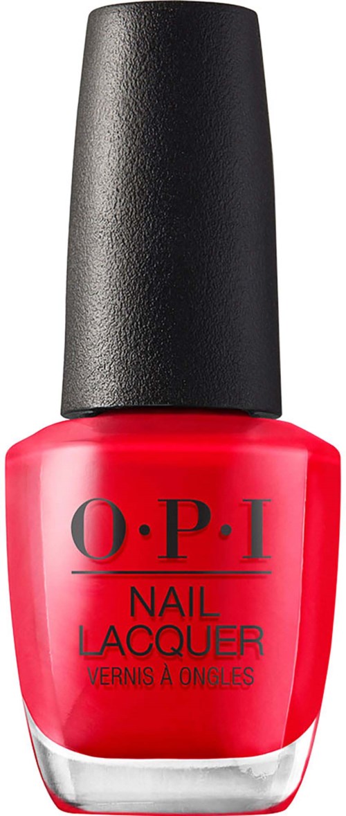 Rødt neglelakkflaske med svart lokk og svart tekst som sier O.P.I Nail Lacquer.