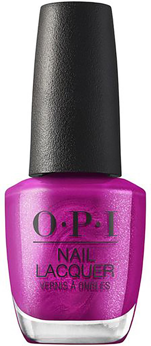 Bright pink nail polish bottle with a black cap and brand name O.P.I on the front.