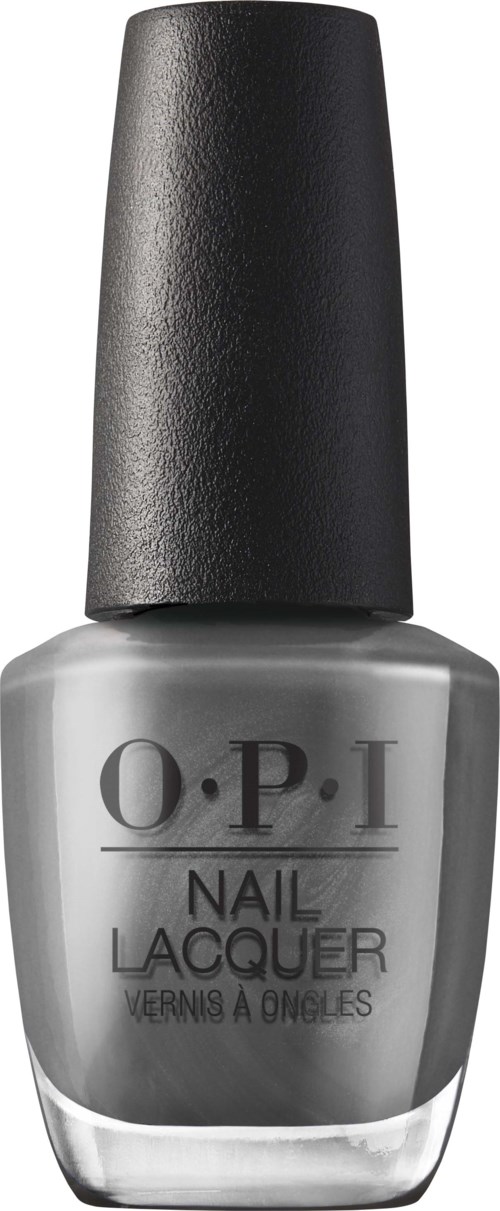 A gray OPI nail polish bottle with black cap, label says 'Nail Lacquer'.
