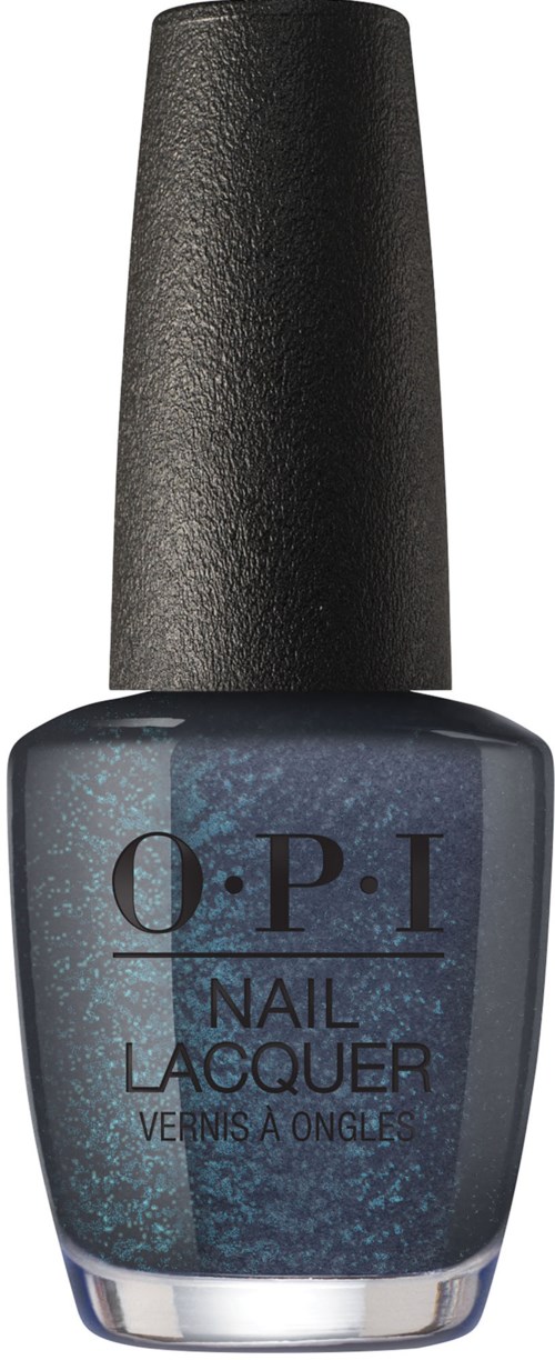 En flaska med mörkblå nagellack med svart lock, märkt OPI Nail Lacquer.