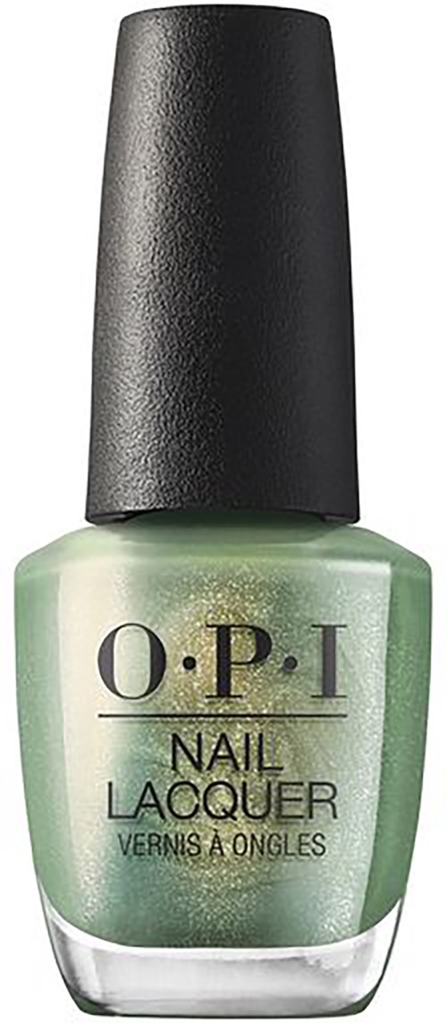 A green nail polish bottle with a black cap from O.P.I. brand.