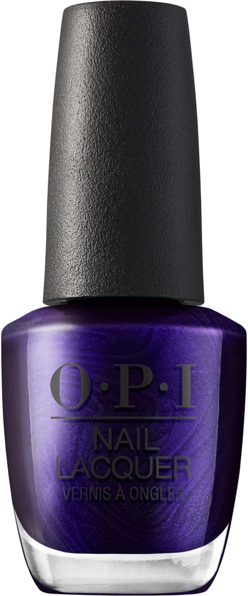 En flaska mörklila nagellack från OPI med svart kork.