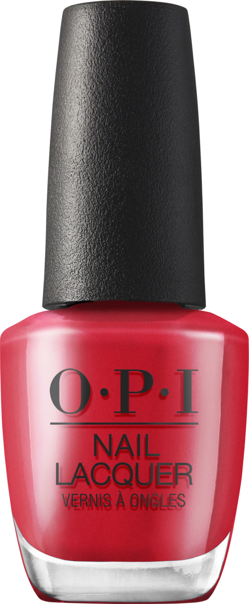 En flaska med röd nagellack med svart lock, märkt O.P.I Nail Lacquer.