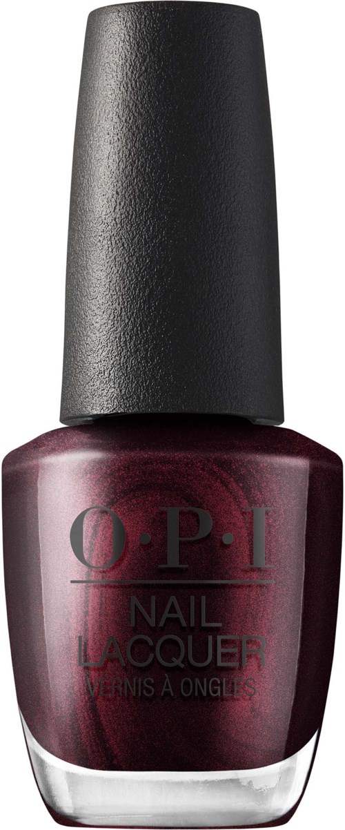 Mörk vinröd nagellackflaska med svart lock och OPI-logga på framsidan.