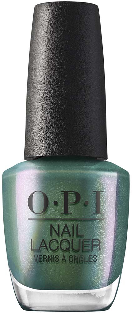 Een flesje O.P.I nagellak met een glanzende, groenachtige kleur en zwart deksel.