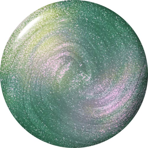 Een ronde, glinsterende bol met groene, roze en gele sprankels die in een patroon draaien.