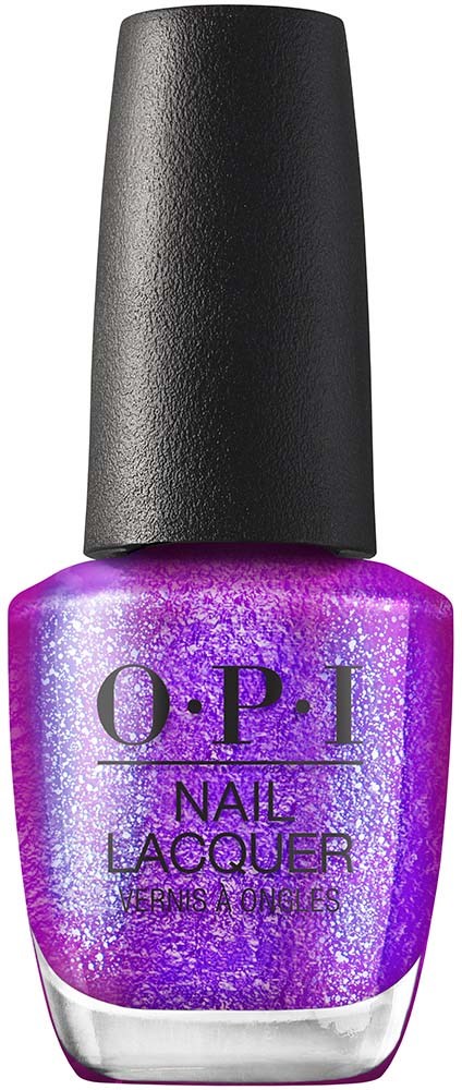 Lila nagellacksflaska med glitter, märkt "O.P.I Nail Lacquer."
