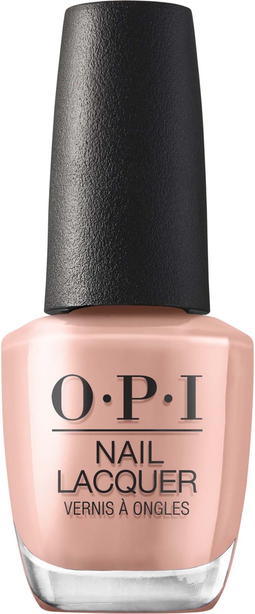 En flaska av O.P.I nagellack med ljusrosa lack och svart lock.