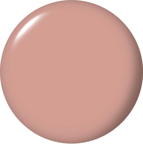 Rund makeupförpackning i persikofärgad nyans med blank yta.