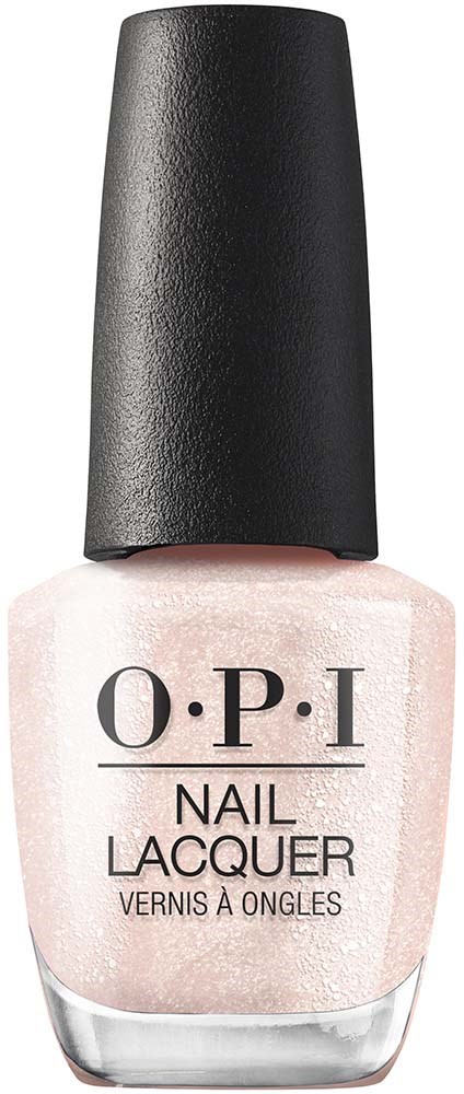 Een flesje O.P.I nagellak met een lichtroze glanzende lak en een zwarte dop.