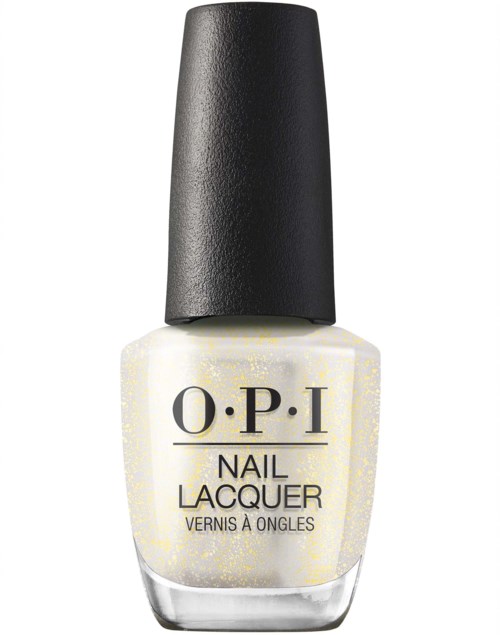 A bottle of O.P.I nail lacquer with white and yellow glitter, black cap, simple label design.