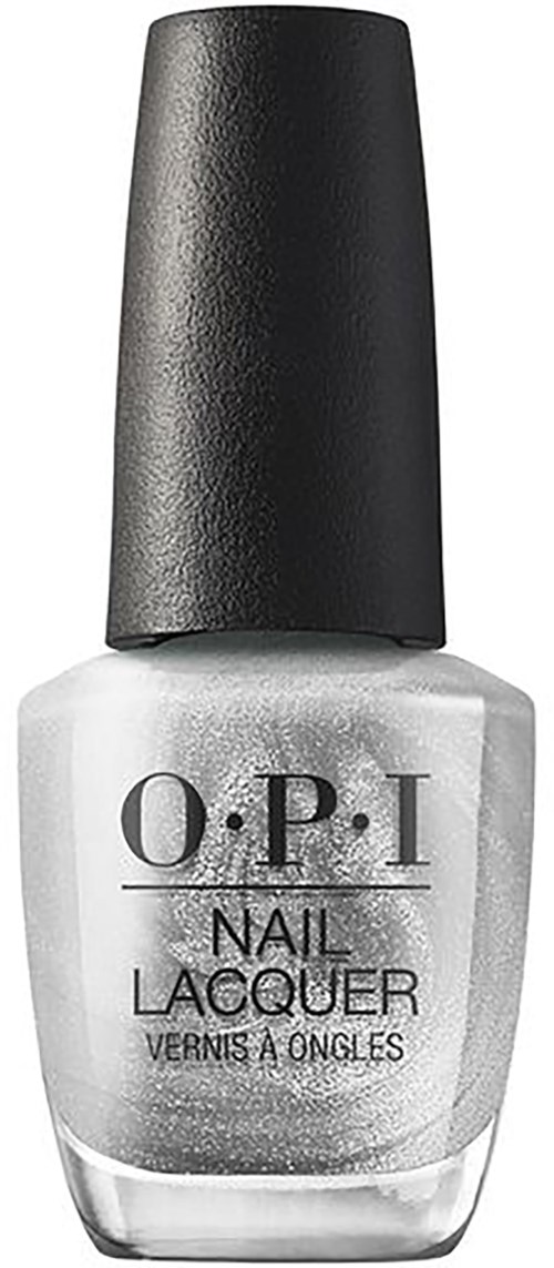 A bottle of O.P.I nail lacquer with silver polish and black cap.