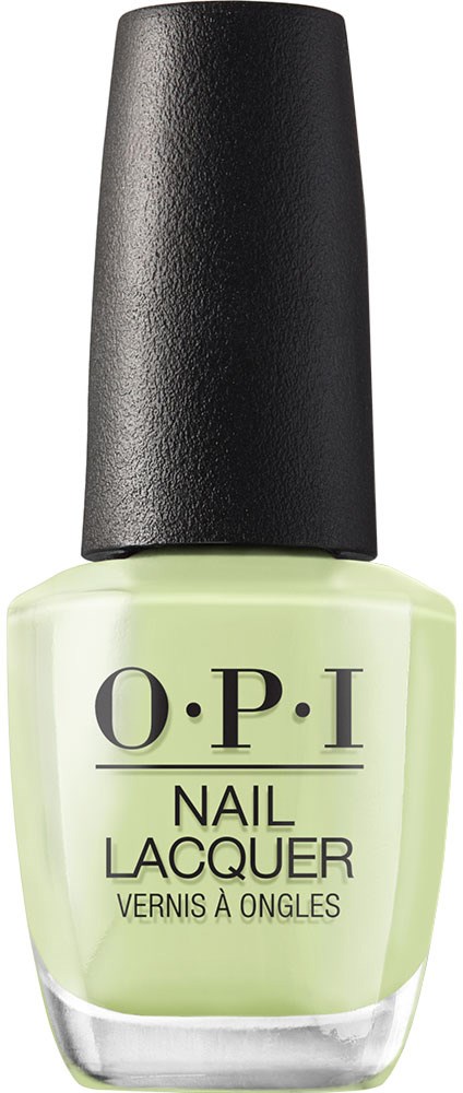 En flaske med lys grønn neglelakk med svart lokk, merket O.P.I Nail Lacquer.