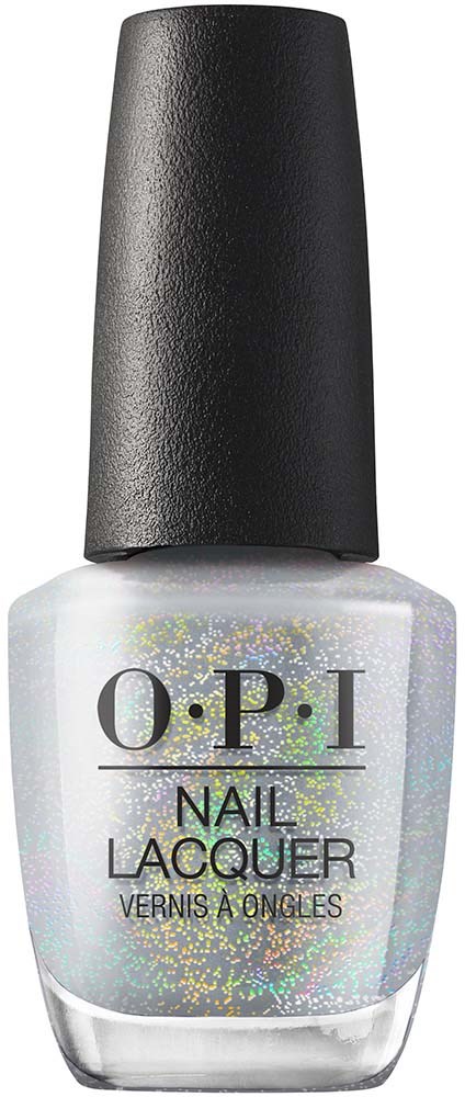 Een flesje O.P.I nagellak met een glanzende, holografische afwerking en een zwarte dop.