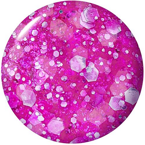 A pink, glittery, circular object with many hexagon-shaped and small sparkly particles.