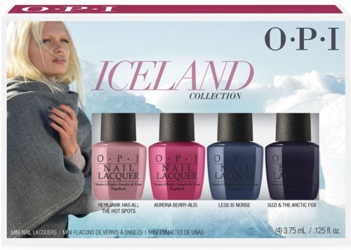 En uppsättning med fyra nagellack i rosa, lila, blå och mörkblått med en flicka i en kappa som tittar bort.