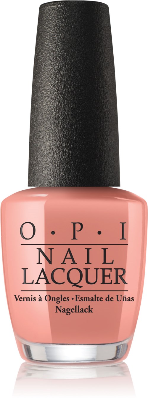 Różowa butelka lakieru do paznokci z czarnym korkiem, oznaczona 'OPI Nail Lacquer'.