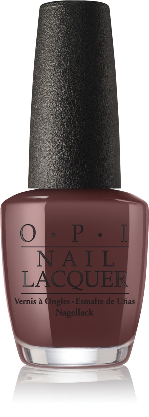 Butelka ciemnego fioletowego lakieru do paznokci z czarną nakrętką, oznaczona O.P.I Nail Lacquer.