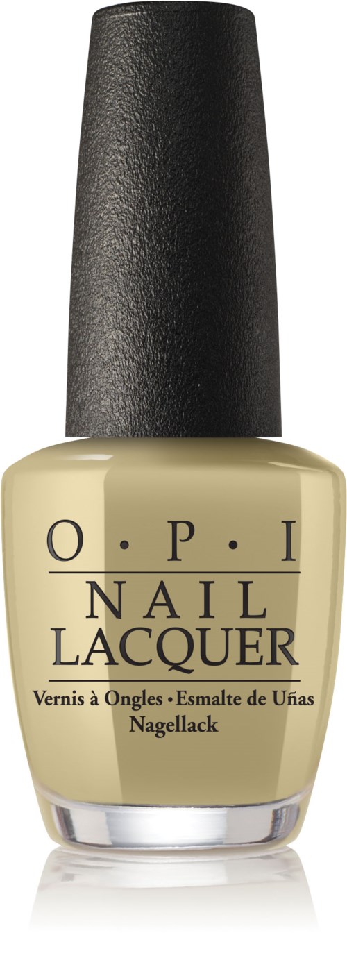 En beige nagellacksflaska med svart lock, märkt 'OPI Nail Lacquer.'
