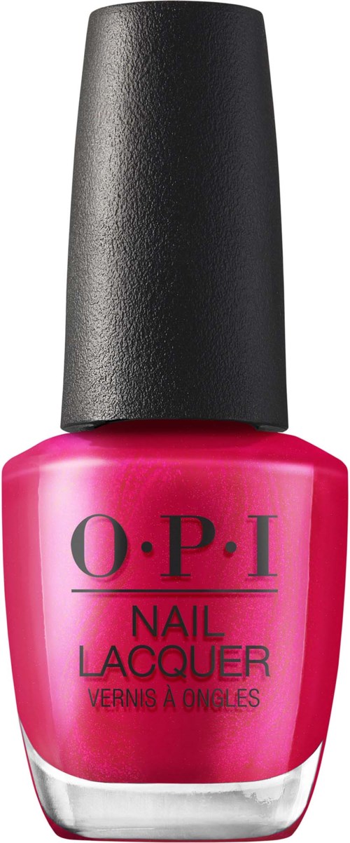 Ljusrosa nagellackflaska från OPI med svart lock och logo.