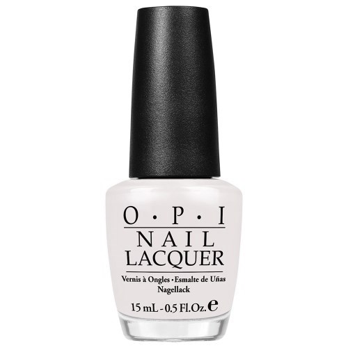 A white nail polish bottle with black cap from OPI, labeled as nail lacquer, 15 mL capacity.