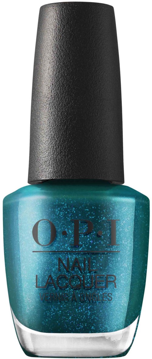 Blå neglelakk med glitter, O.P.I-merke, i en flaske med svart hette.
