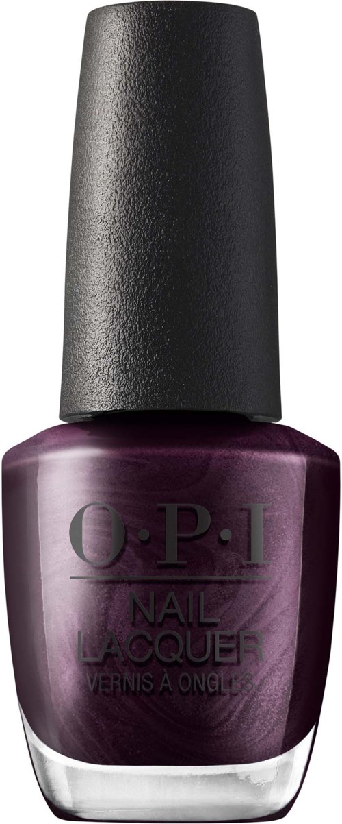 Mörklila nagellackflaska med svart lock och OPI-logga, glansigt glasbehållare.