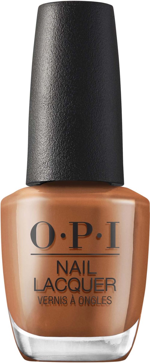 A bottle of O.P.I nail lacquer with a black cap and tan-colored polish.