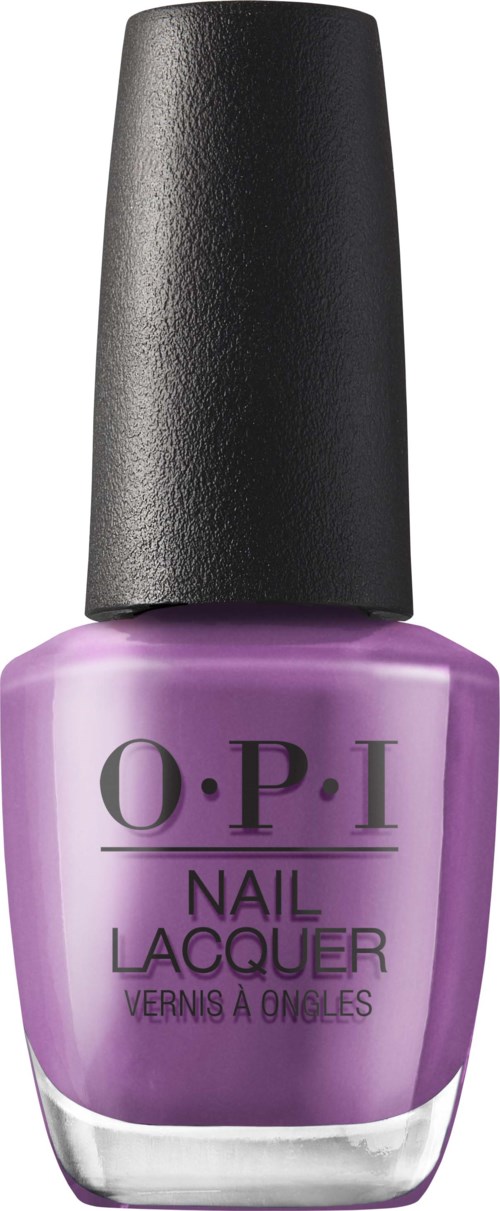 Purple nail polish bottle with black cap, labeled 'O.P.I Nail Lacquer'.