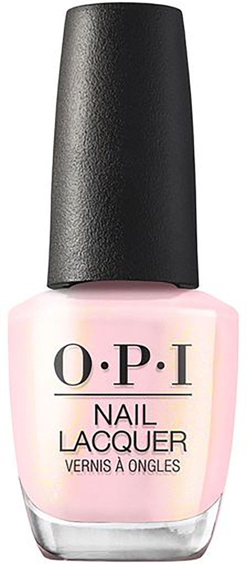A bottle of O.P.I nail lacquers with a pinkish color and black cap.