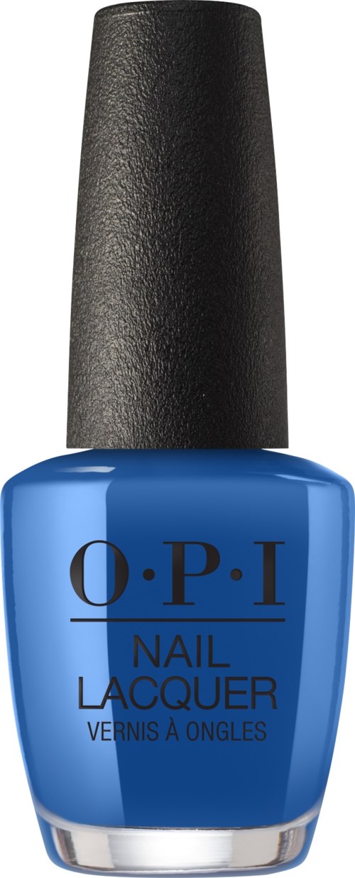 En lyseblå neglelakkflaske med svart lokk, merket 'O.P.I Nail Lacquer'.