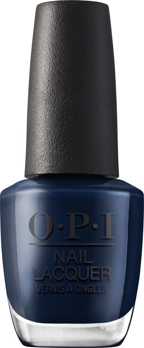 A dark blue nail polish bottle with a black cap and O.P.I logo on the front.