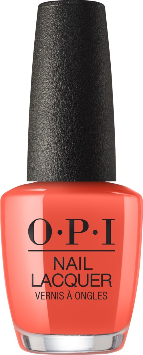En lys korallfarget neglelakkflaske med svart kork, merket 'O.P.I Nail Lacquer.'