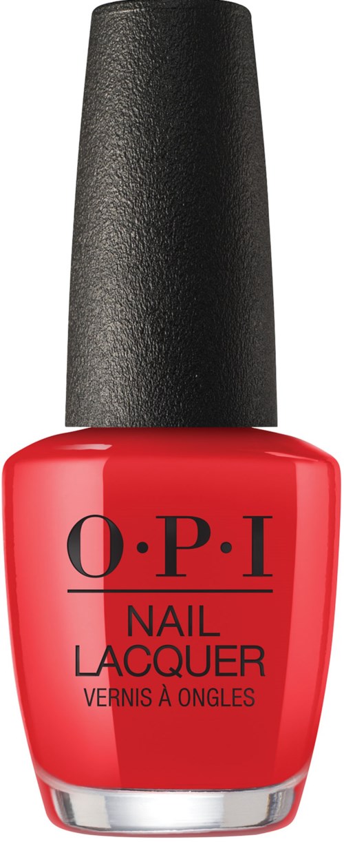 En röd nagellackflaska med svart lock, märkt O.P.I Nail Lacquer.