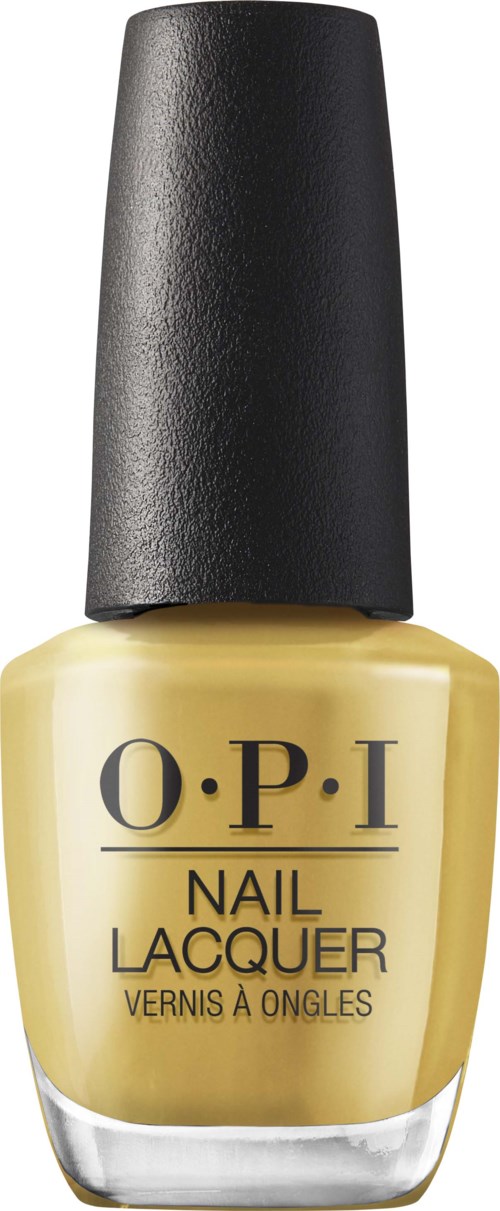 Yellow nail polish bottle labeled OPI Nail Lacquer with black cap.