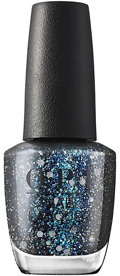 A black and blue glittery nail polish bottle with a black cap. The polish inside is sparkly with blue and white particles.