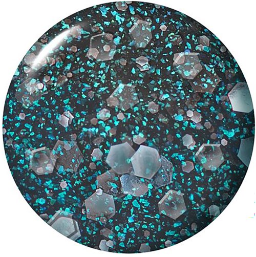 A round, shiny object with blue and black specks and hexagon shapes inside it.