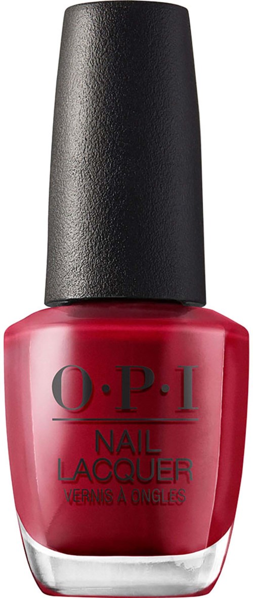 Rødt neglelakflaske med svart lokk, merket O.P.I Nail Lacquer.