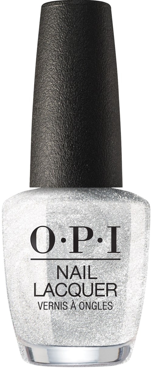 Tydlig flaska med O.P.I nagellack med svart lock, med vit nagellack inuti.