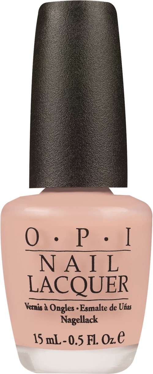 Rosa neglelakkflaske med svart lokk, merket "O.P.I Nail Lacquer," størrelse 15 mL.