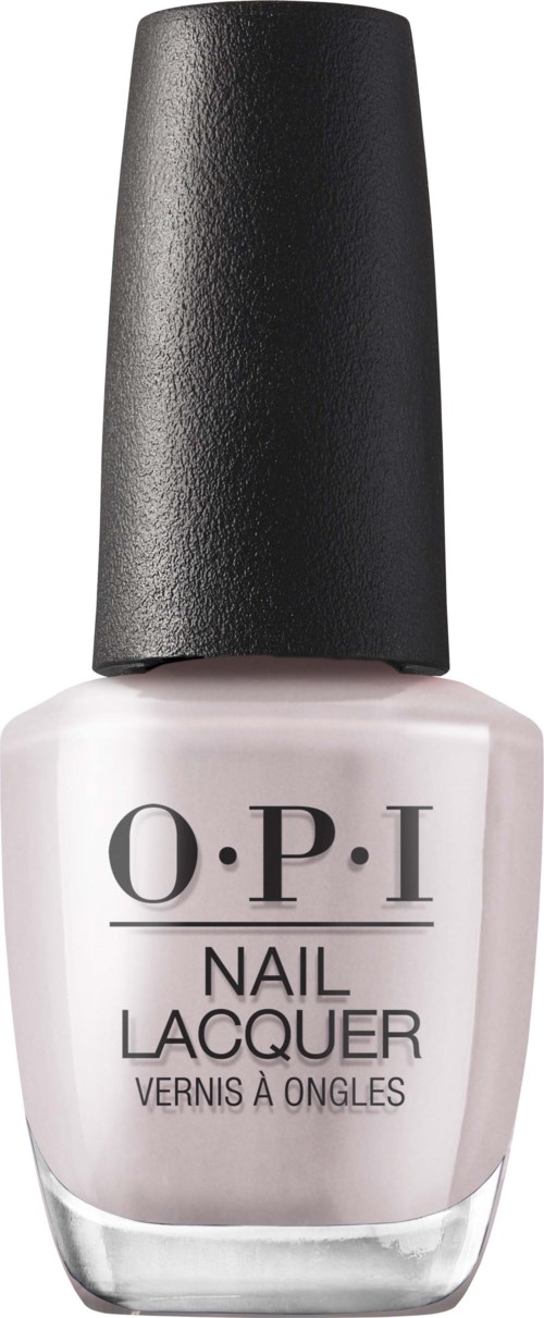 A bottle of O.P.I nail lacquer, white with a black cap, standing upright.