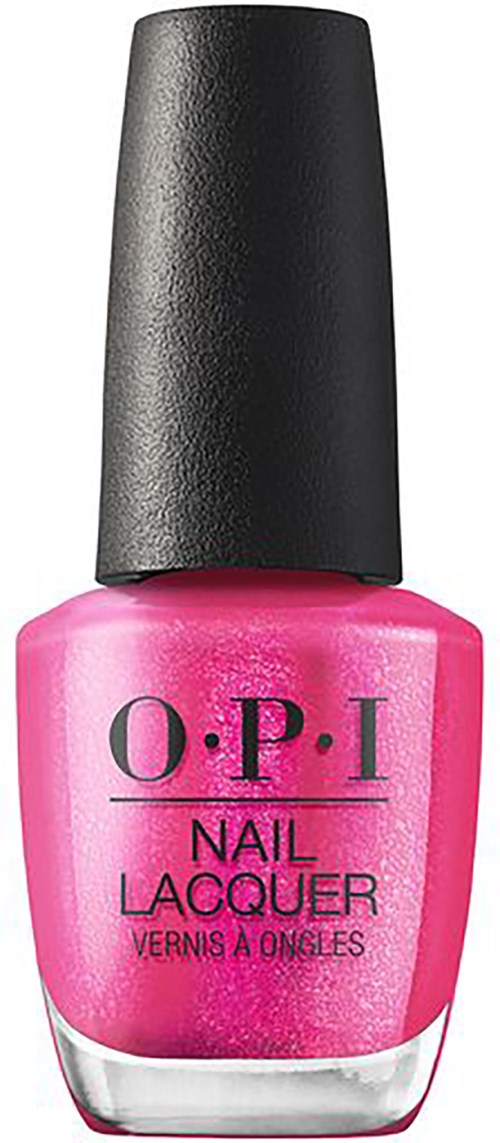 Pink nail polish bottle with black cap and O.P.I logo.