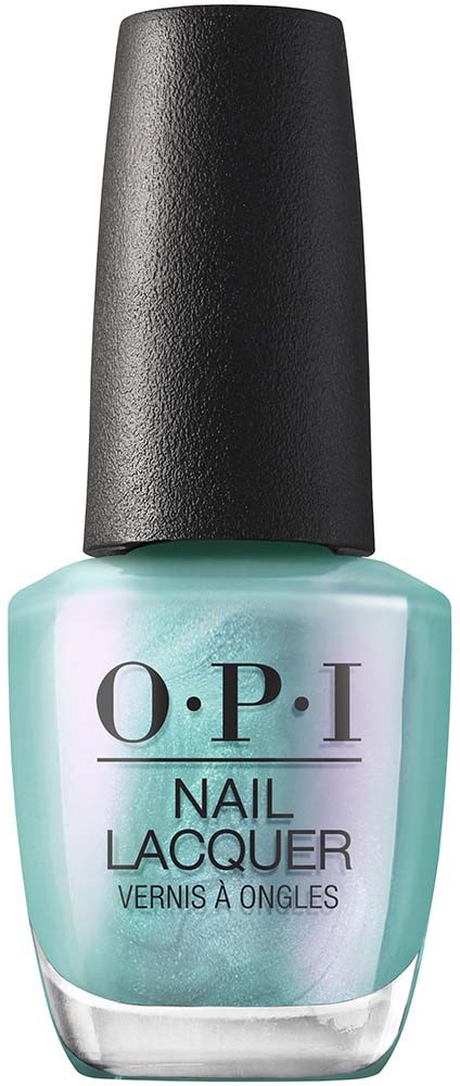 Een flesje O.P.I nagellak met licht turquoise kleur en zwarte dop.